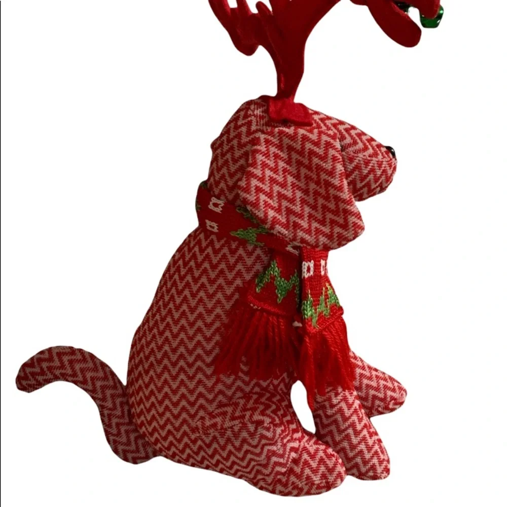 Holiday Knit Dog with Antlers And Scarf Sitting Christmas Doorstop Decor Chevron